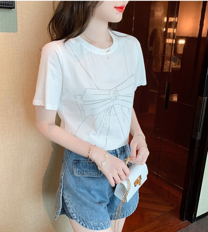 Pure cotton rhinestone white T-shirt loose summer tops