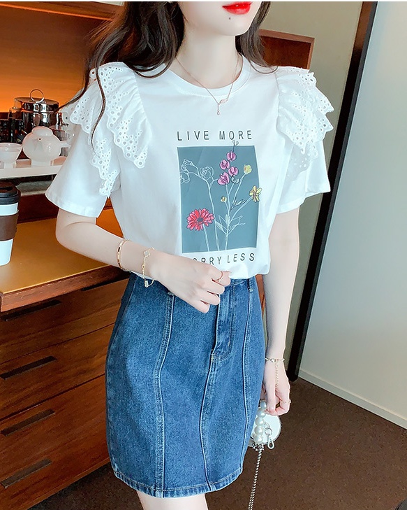 Lotus leaf edges sweet tops lace T-shirt for women