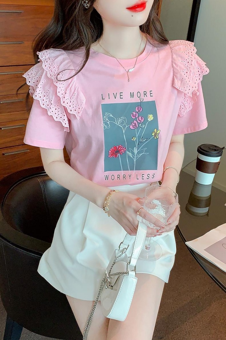 Lotus leaf edges sweet tops lace T-shirt for women