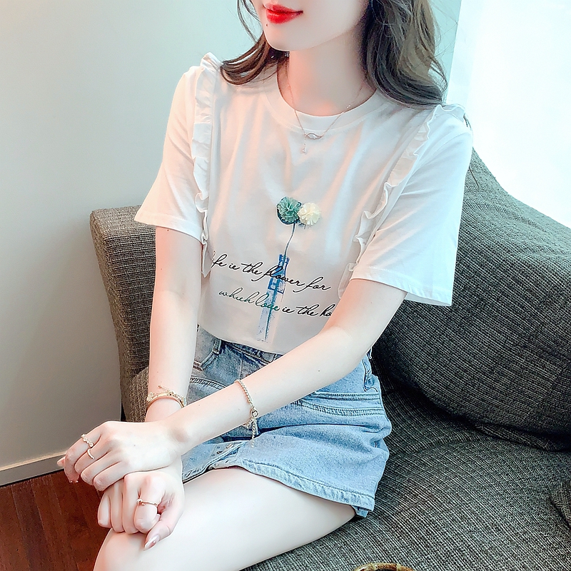 Korean style summer tops round neck printing T-shirt