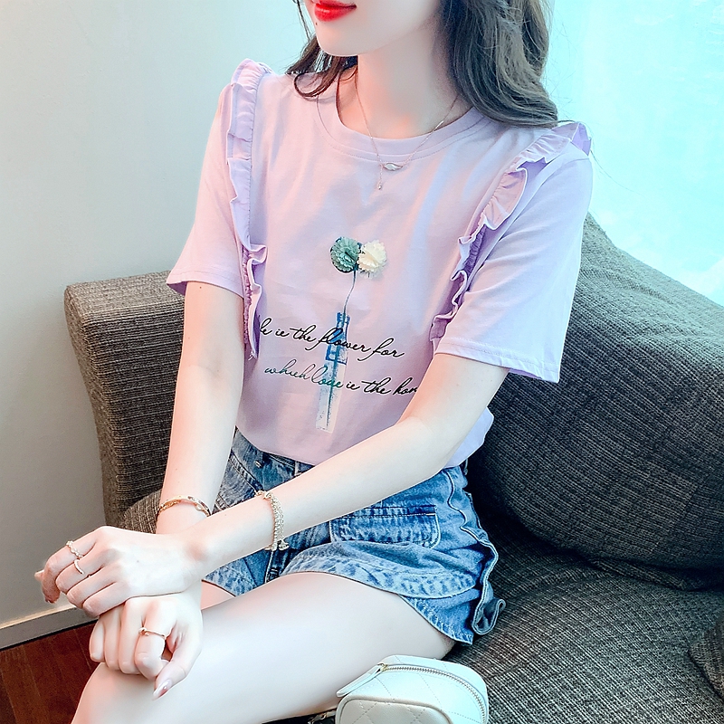 Korean style summer tops round neck printing T-shirt