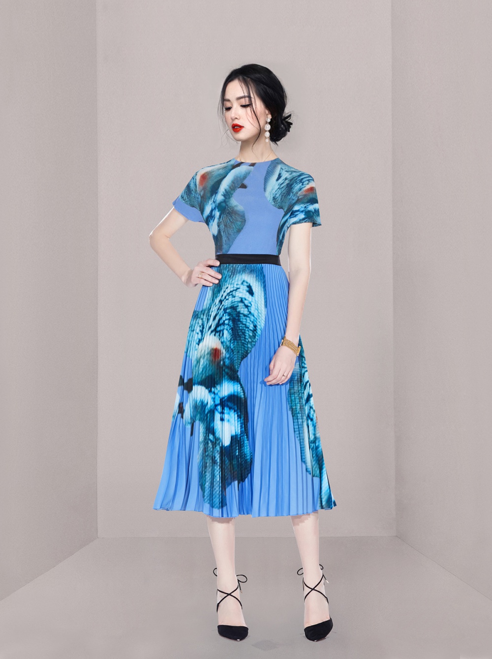 Pleated printing fashion skirt 2pcs set