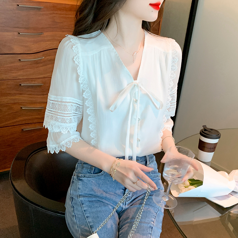 Lace short sleeve tops all-match splice shirt for women