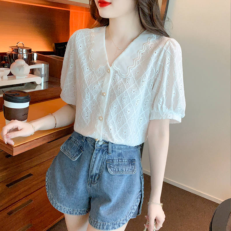 Hollow doll collar tops short sleeve summer shirt for women