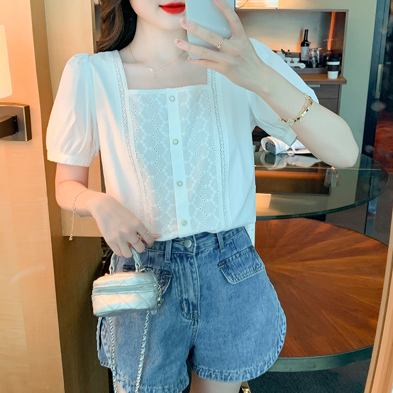 Square collar Korean style shirt splice summer tops for women