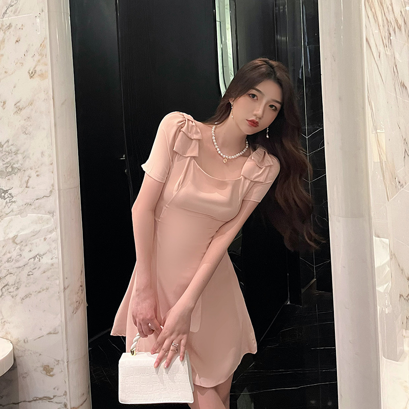 Tender square collar lady fashion pinched waist pink dress