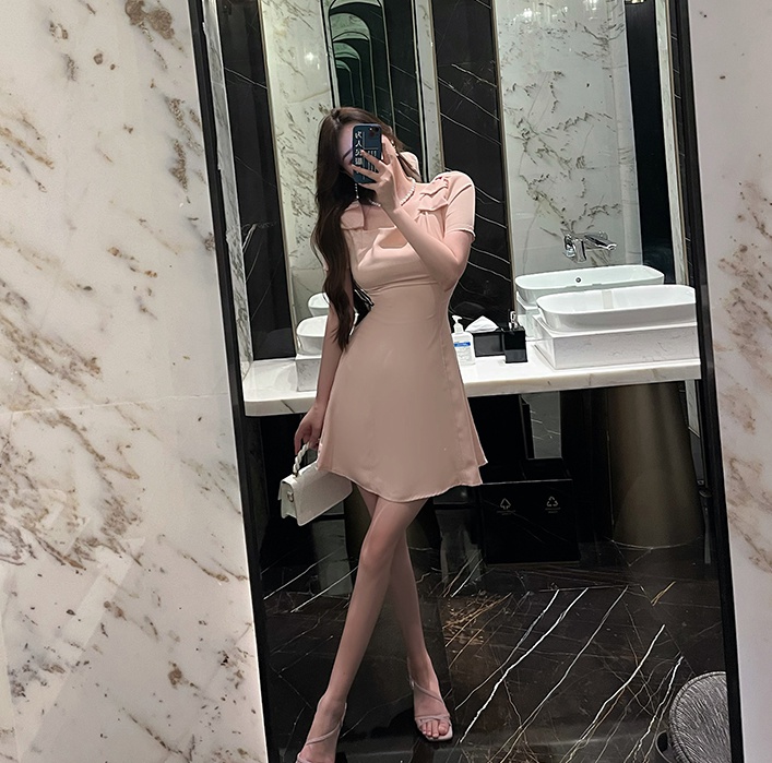 Tender square collar lady fashion pinched waist pink dress