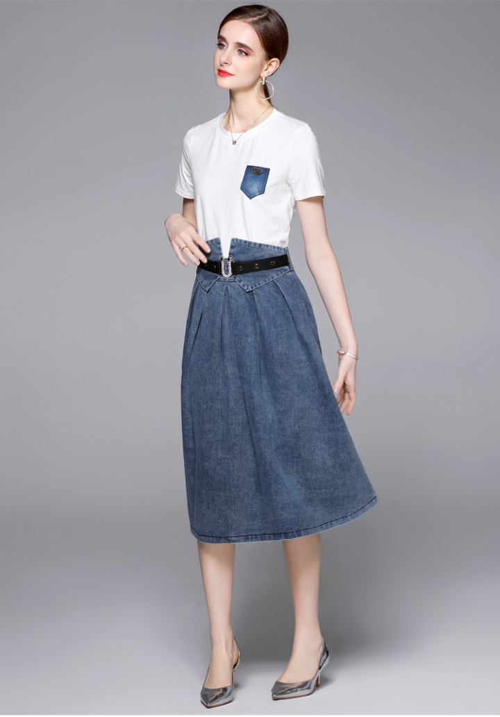 White high waist denim skirt summer slim T-shirt 2pcs set