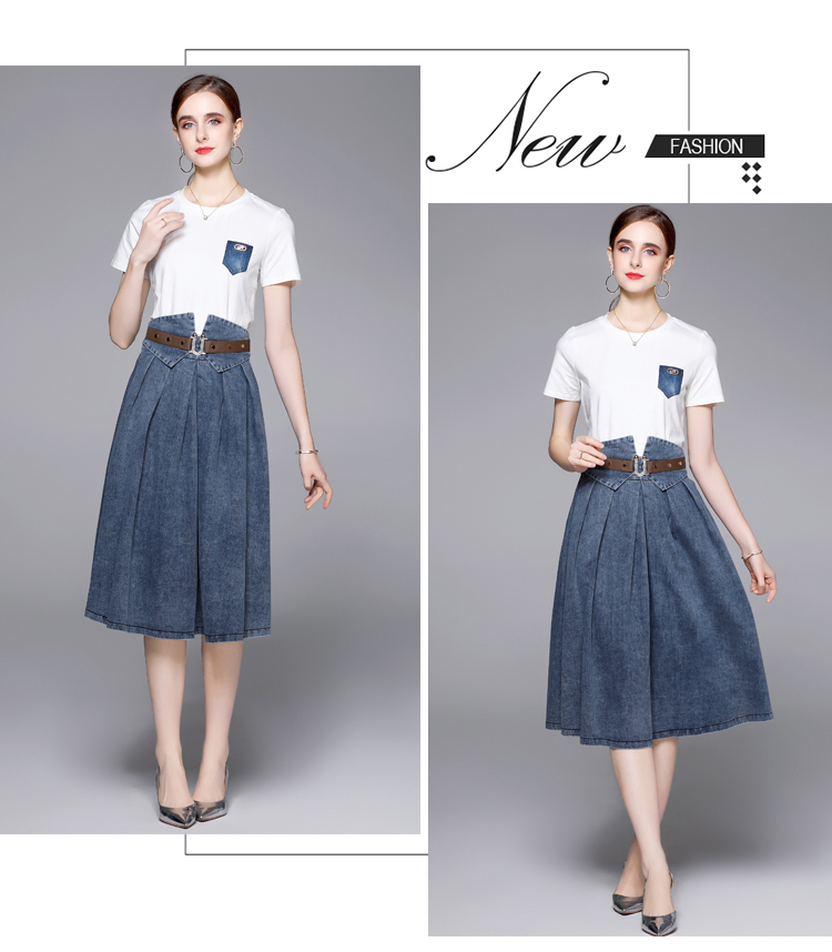 White high waist denim skirt summer slim T-shirt 2pcs set