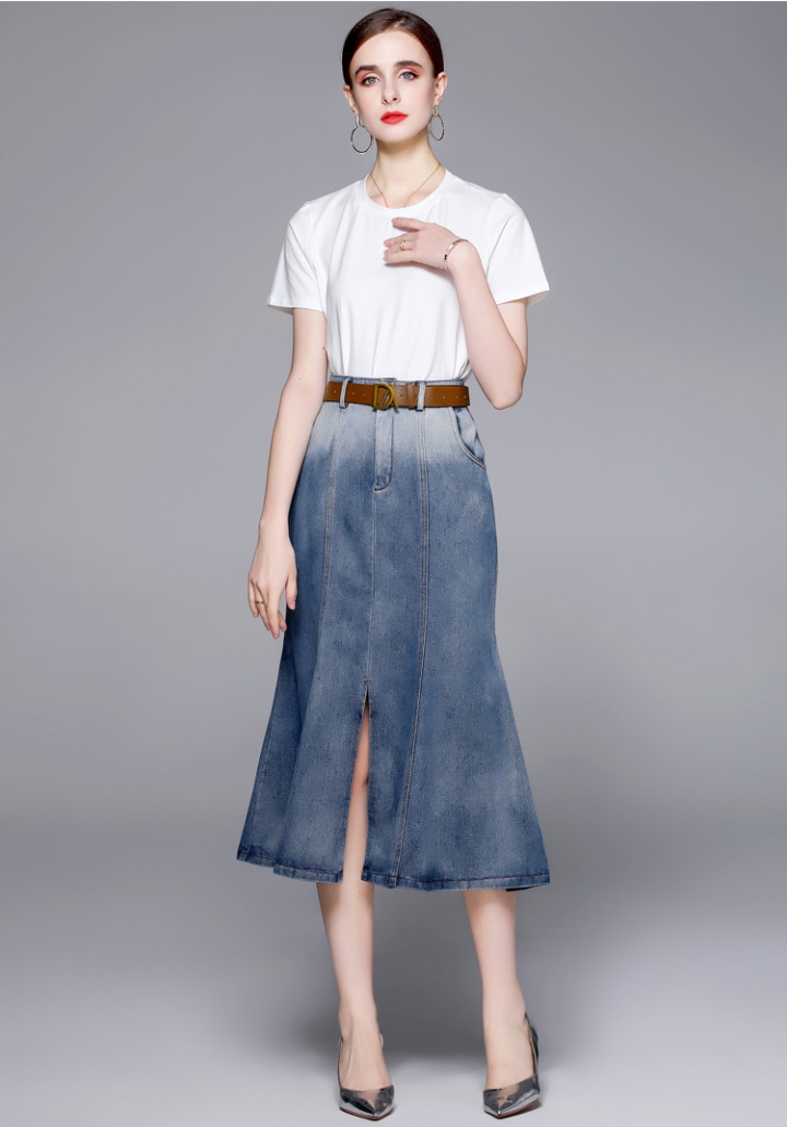 Fashion and elegant denim T-shirt fashion skirt 2pcs set