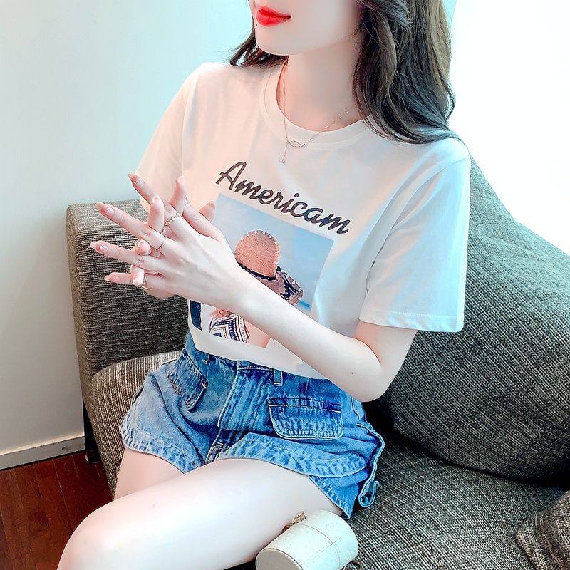 Pure cotton loose white tops short sleeve summer T-shirt