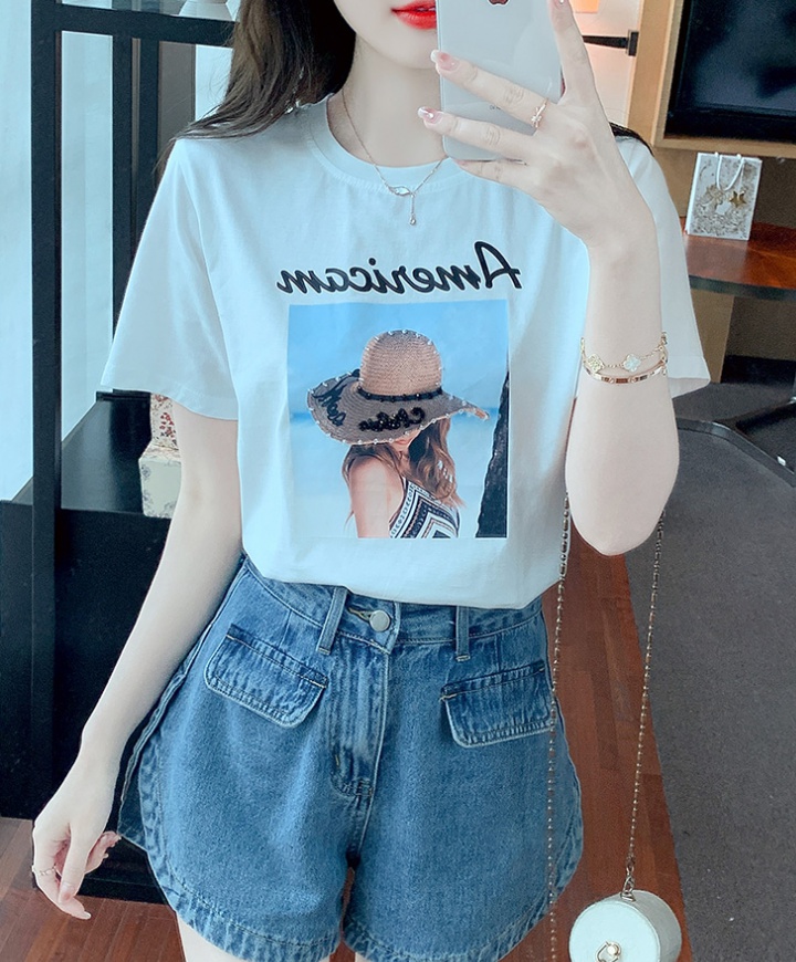 Pure cotton loose white tops short sleeve summer T-shirt