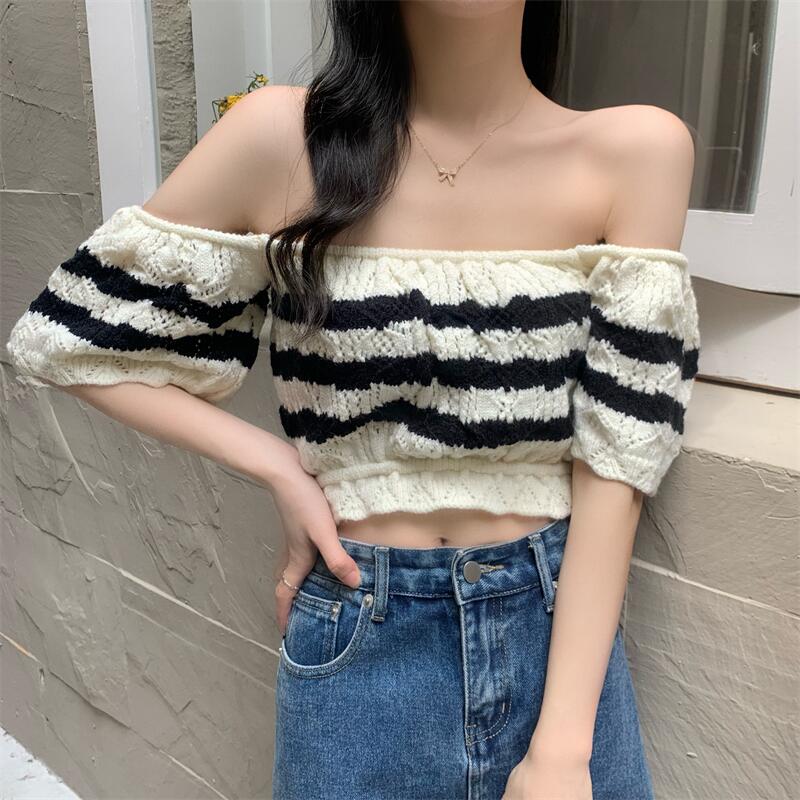Western style thin tops stripe pullover sweater