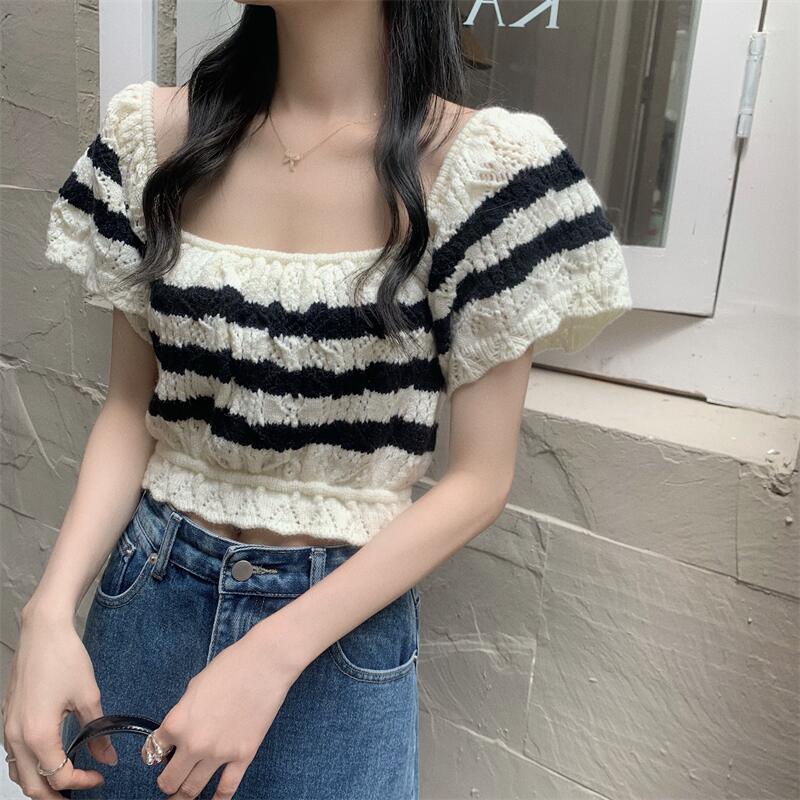 Western style thin tops stripe pullover sweater