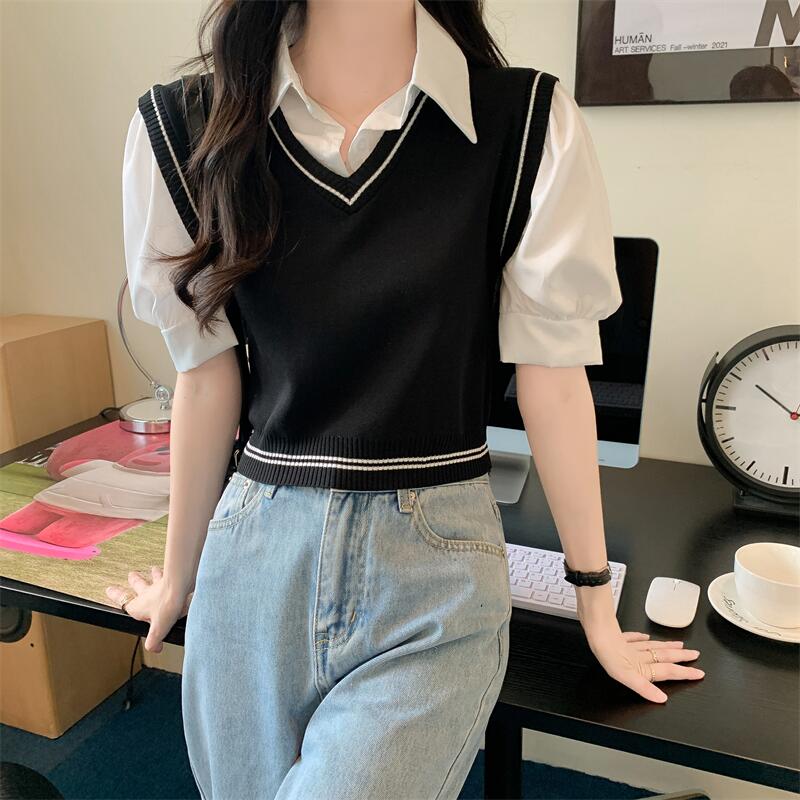 Loose short sleeve sweater thin Pseudo-two tops