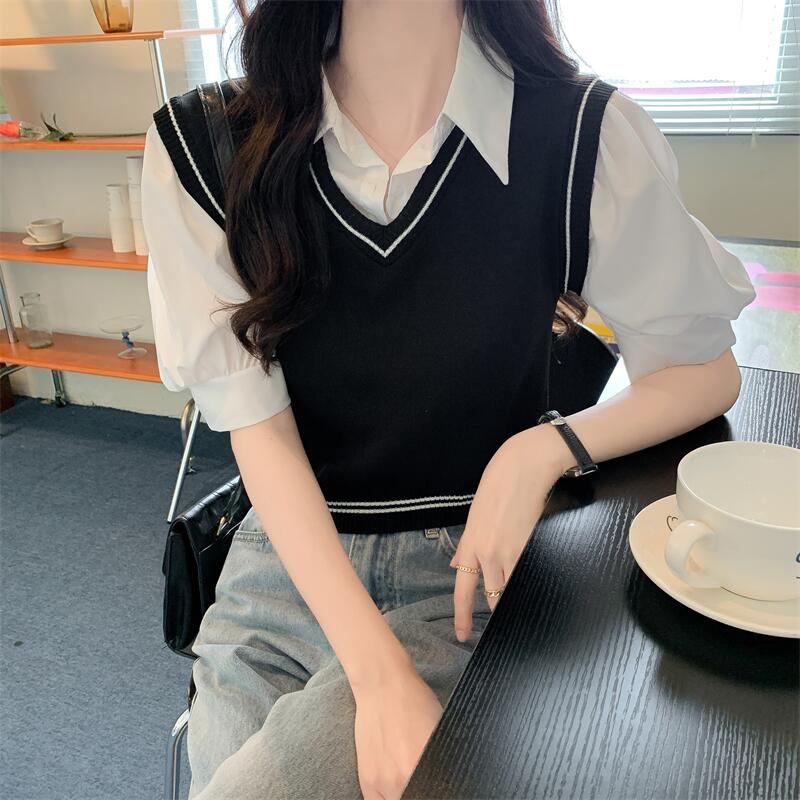 Loose short sleeve sweater thin Pseudo-two tops