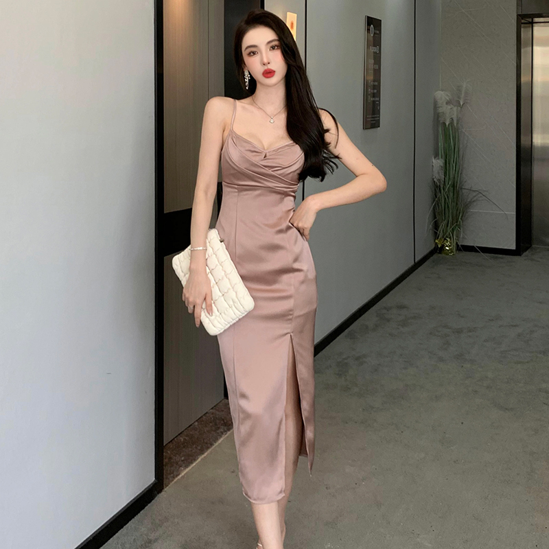 Pinched waist package hip rose satin hollow pink sling dress
