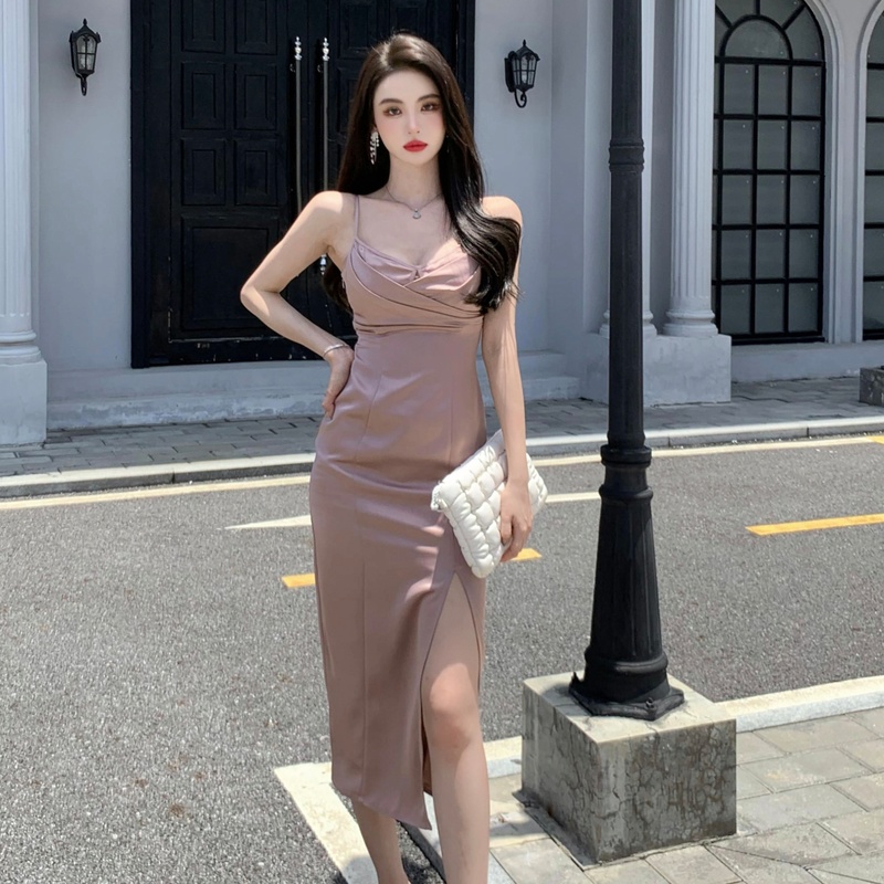 Pinched waist package hip rose satin hollow pink sling dress