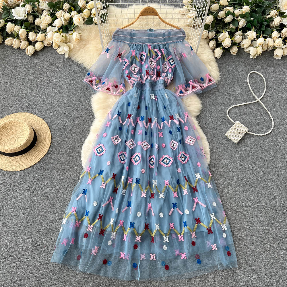 European style embroidery formal dress high waist long dress