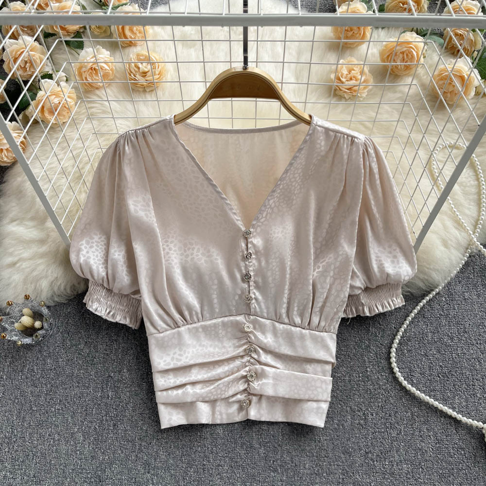 Slim satin shirt puff sleeve France style tops for women