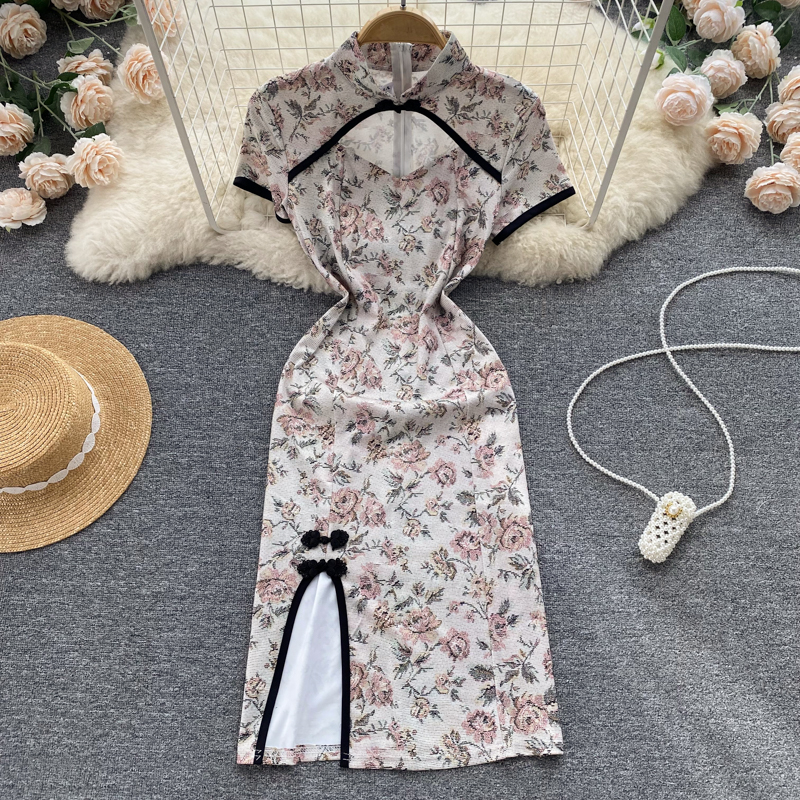 Summer floral dress retro package hip cheongsam