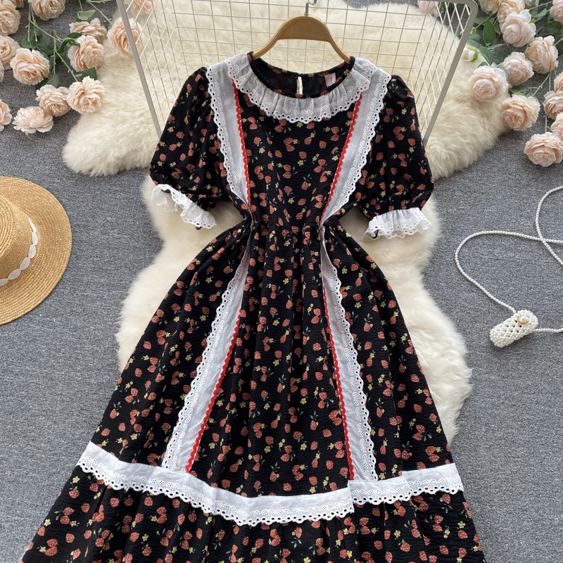 Floral long tender France style pinched waist dress for women