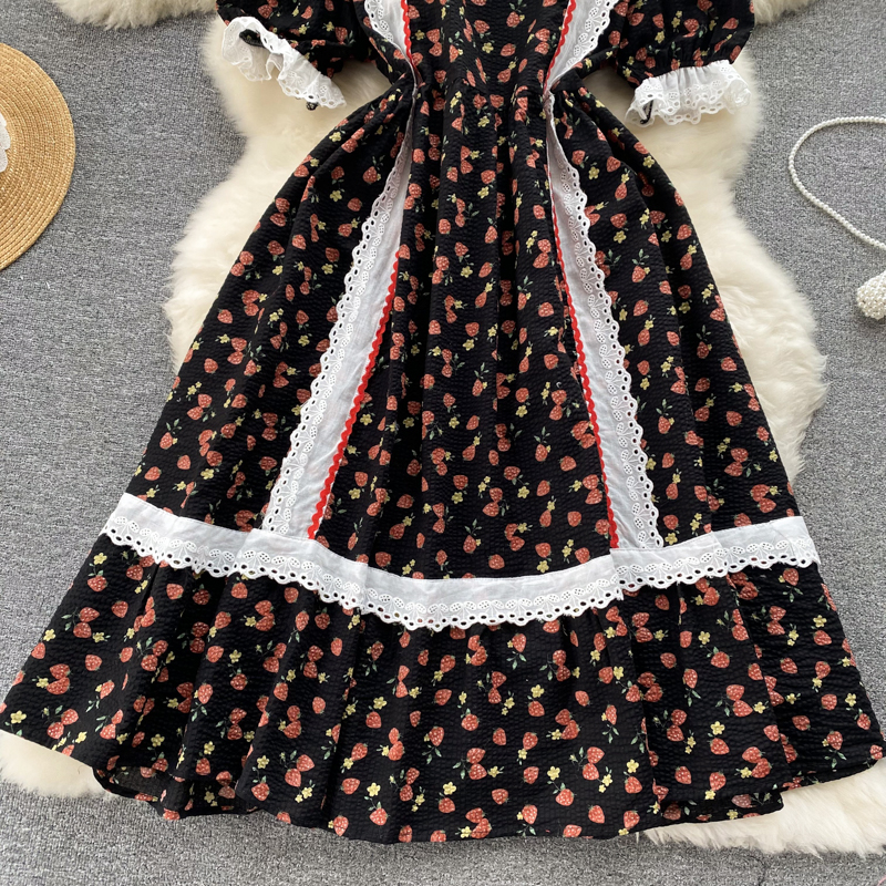 Floral long tender France style pinched waist dress for women