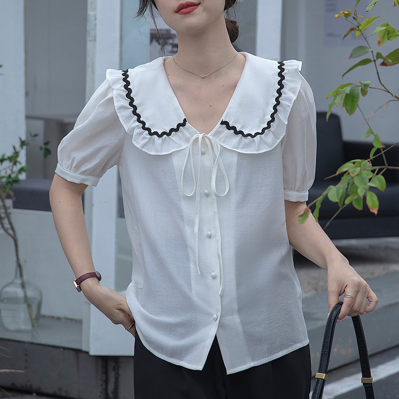 Retro summer tops white puff sleeve shirt for women