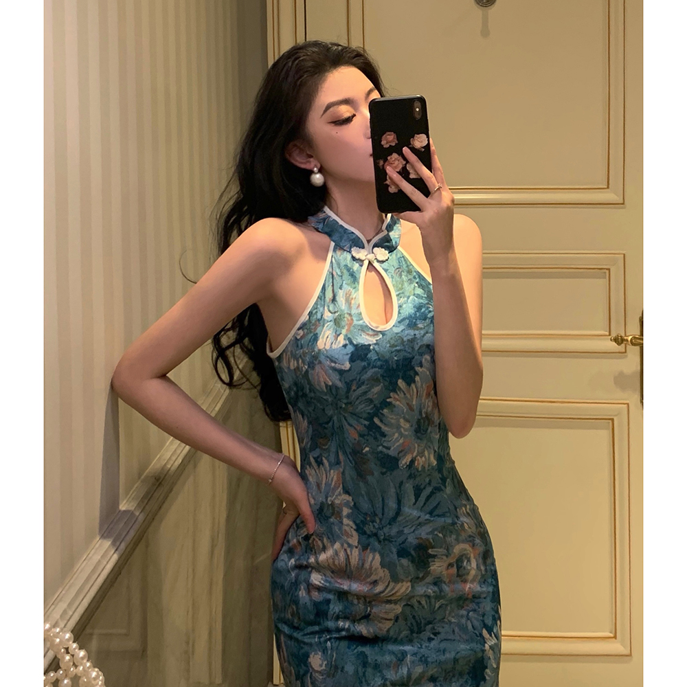 Lace halter split cheongsam retro slim package hip dress
