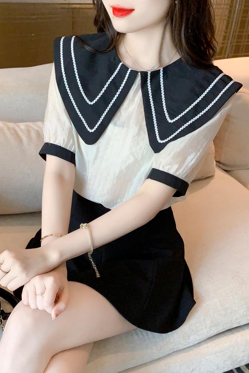 Splice loose small shirt doll collar Cover belly shirt for women