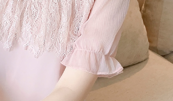 Pink gauze short sleeve tops splice sweet small shirt