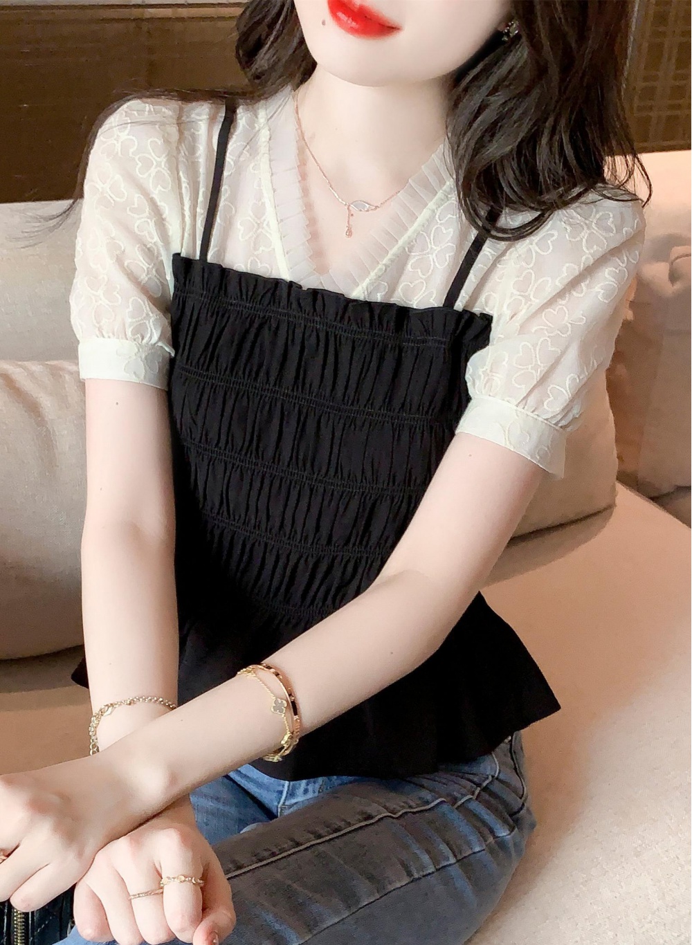 Fashion Western style shirt pinched waist tops for women