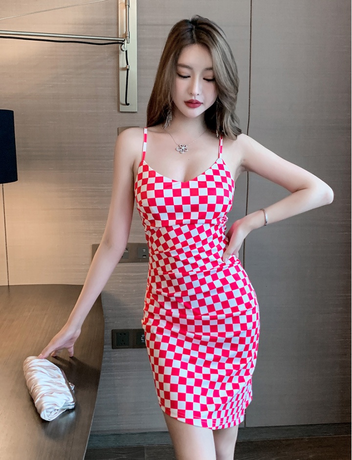 Plaid low-cut strap dress slim dress for women