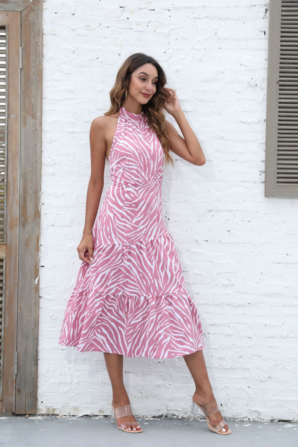Summer sleeveless printing European style halter dress