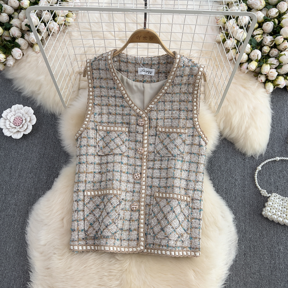Short V-neck vest coarse flower sleeveless coat for women