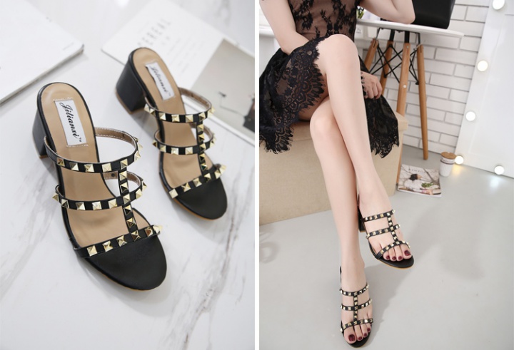 Black fish rivet slippers middle-heel high-heeled sandals