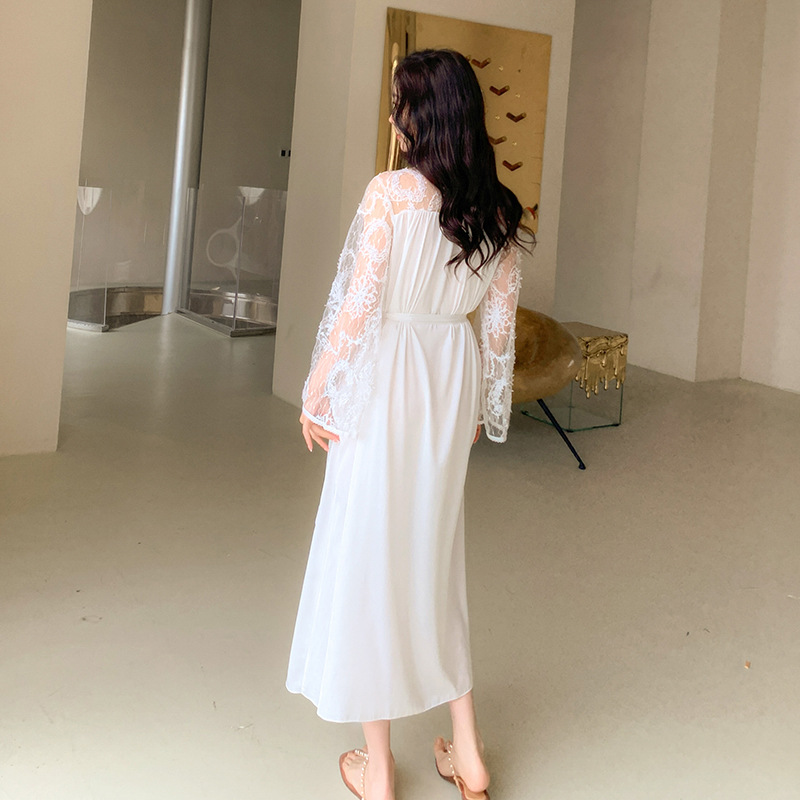 Lace ice silk long nightgown homewear court style pajamas