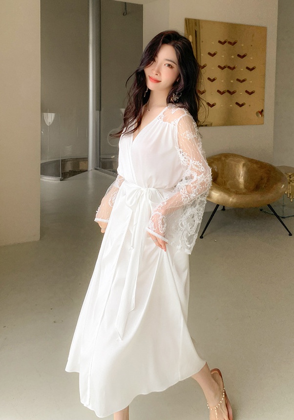 Lace ice silk long nightgown homewear court style pajamas