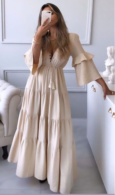 Pure spring and summer long dress European style V-neck dress