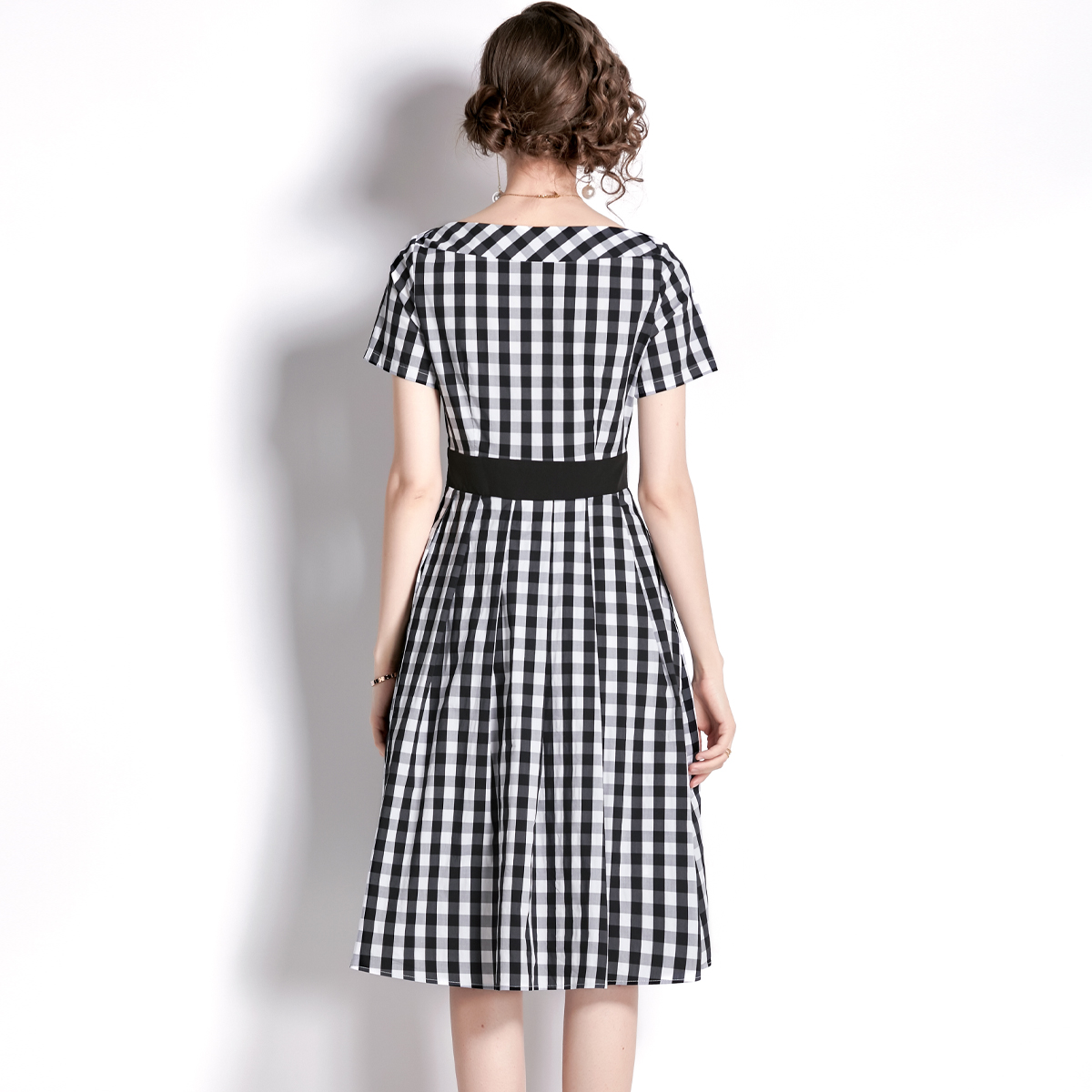 Flat shoulder slim European style plaid catwalk dress