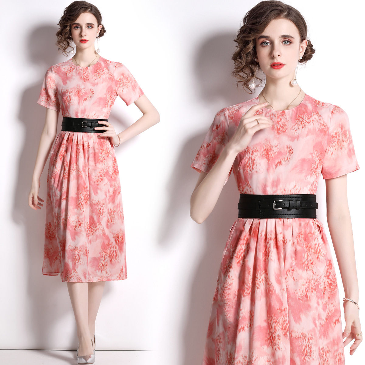 With belt printing pinched waist dress for women