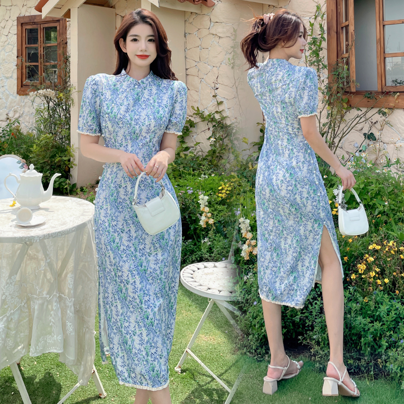Pinched waist temperament cheongsam floral dress