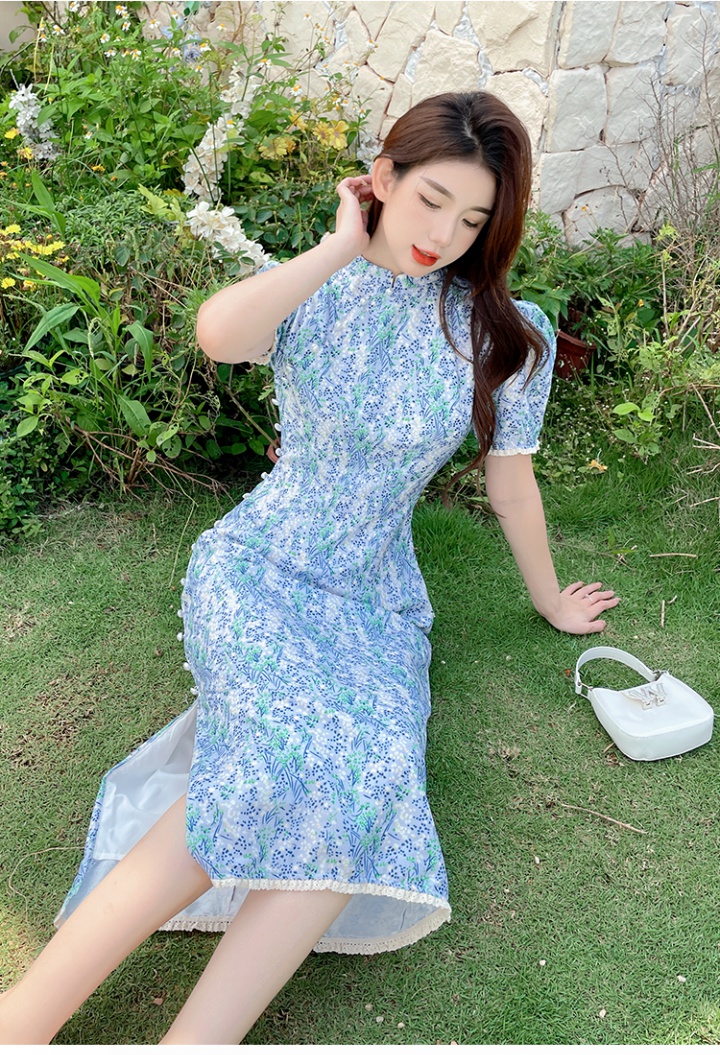 Pinched waist temperament cheongsam floral dress