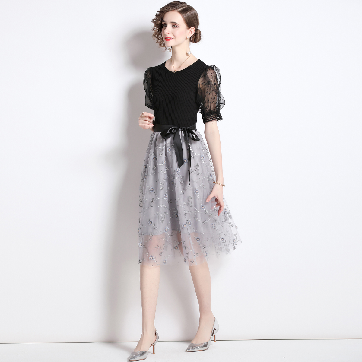 Knitted gauze embroidery floral dress