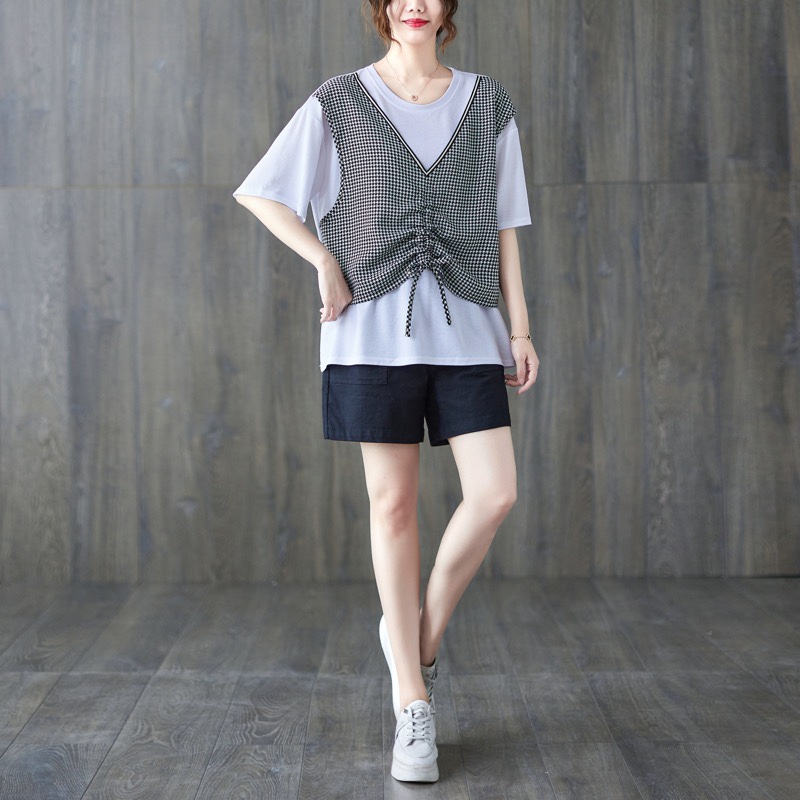 Loose round neck T-shirt large yard Pseudo-two tops