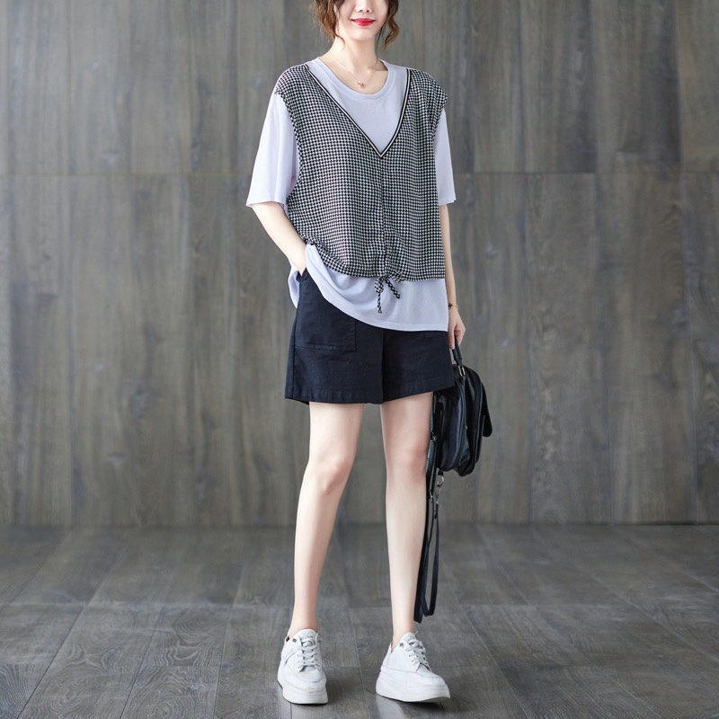Loose round neck T-shirt large yard Pseudo-two tops