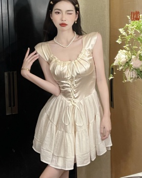 Pure satin slim France style splice pinched waist dress