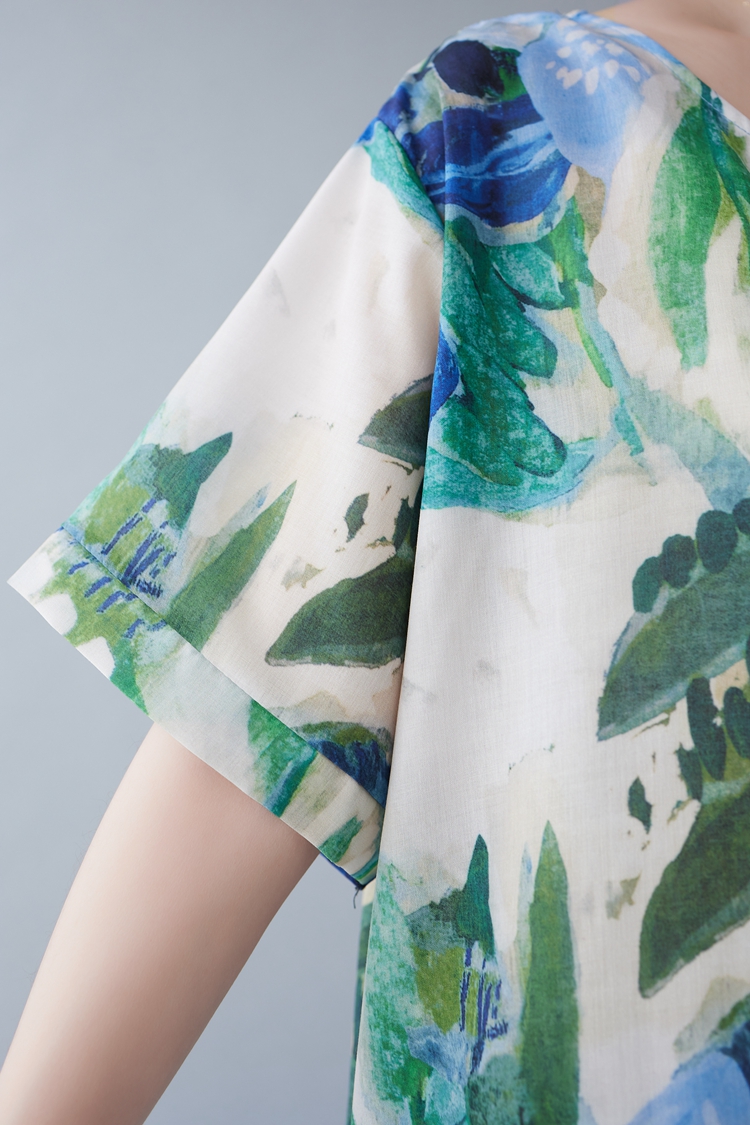 Fresh cotton linen blue-green art fat printing dress