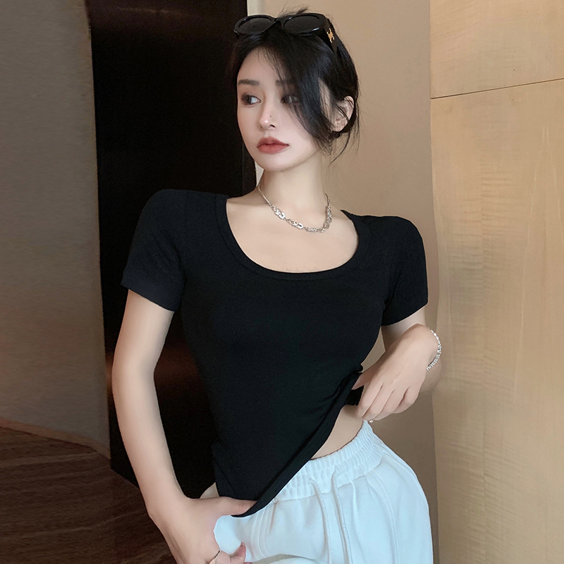 Summer pure cotton T-shirt U-neck slim tops for women
