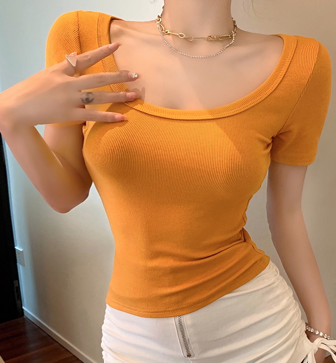 Summer pure cotton T-shirt U-neck slim tops for women